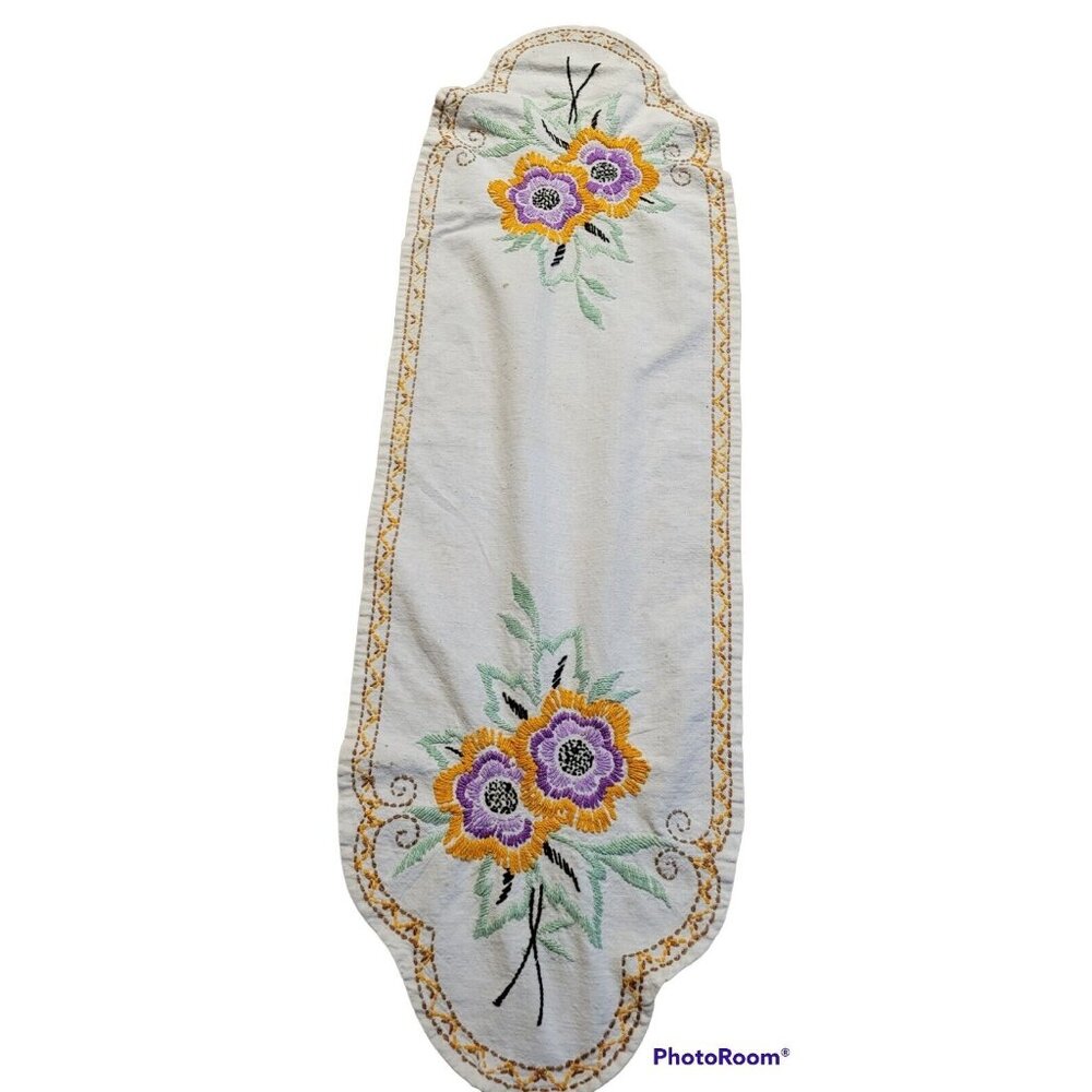 Handcrafted Tablerunner Dresser Scarf Embroidered Flowers Edgework Orange Purple